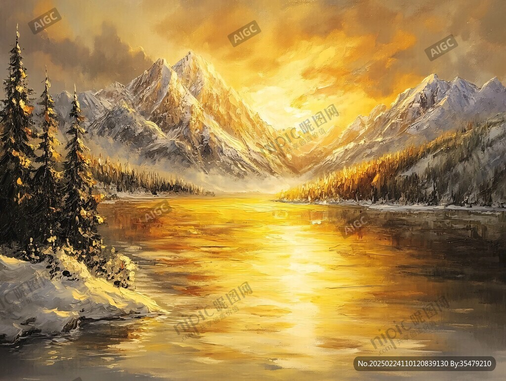 雪山河流油畫