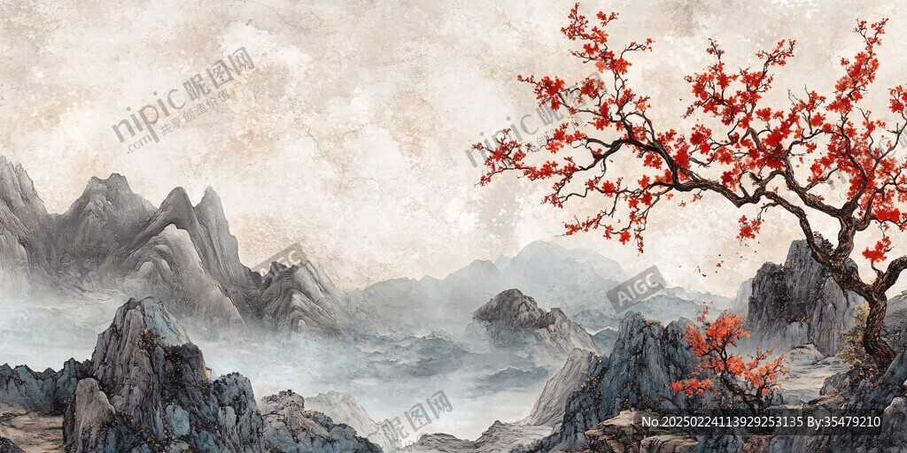 工筆紅梅山水畫