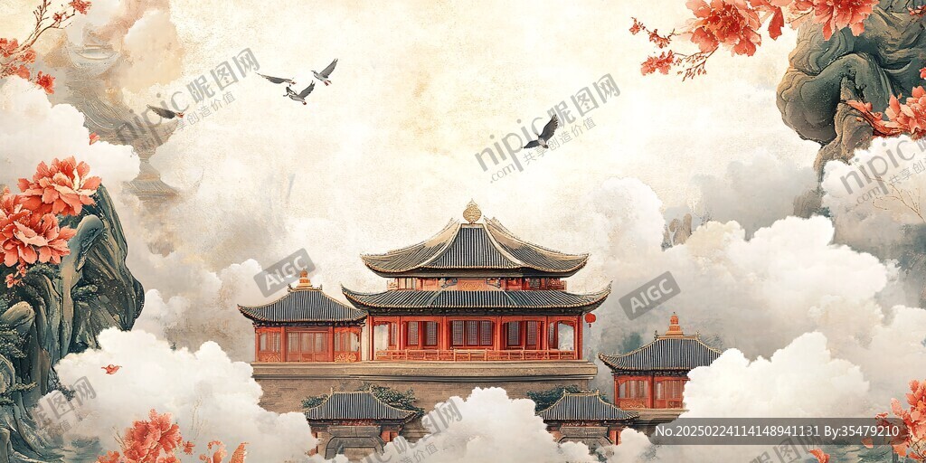 閣樓故宮皇宮仙鶴插畫