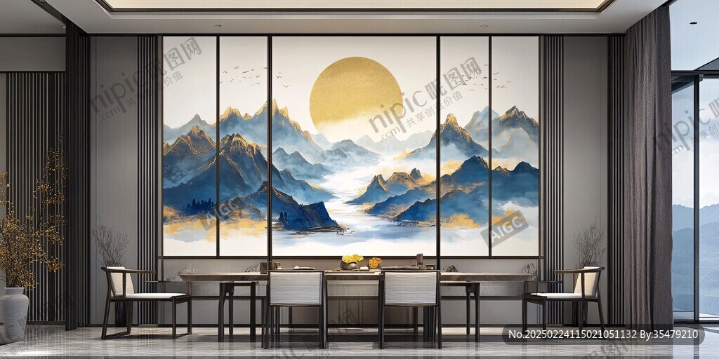 餐廳壁畫(huà)新中式裝飾墻