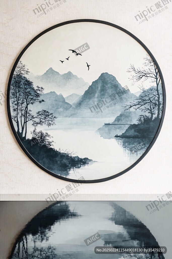 禪意山水圓形掛畫框畫