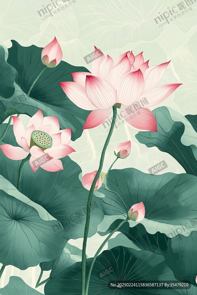 插畫荷花荷葉
