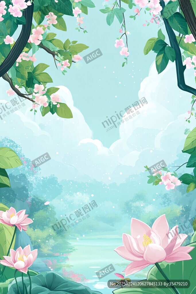 荷花池插畫