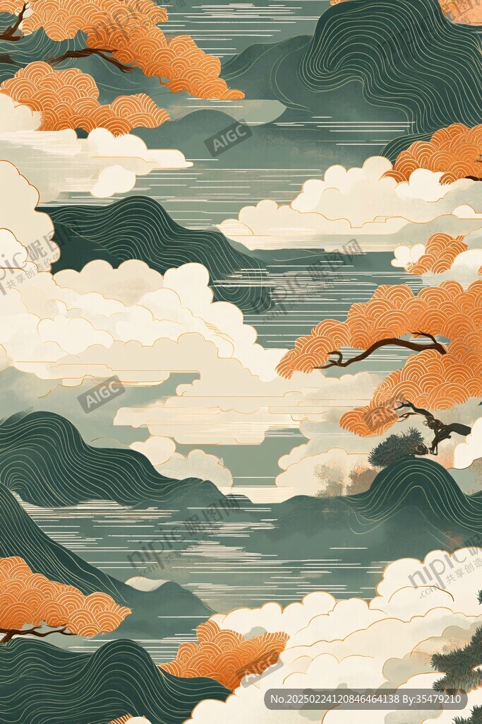 海浪仙鶴云紋中式背景