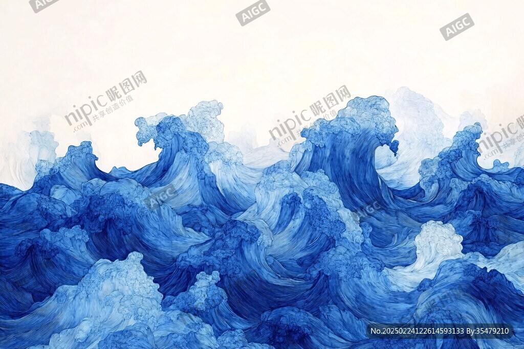 浪花紋理工筆重彩風格