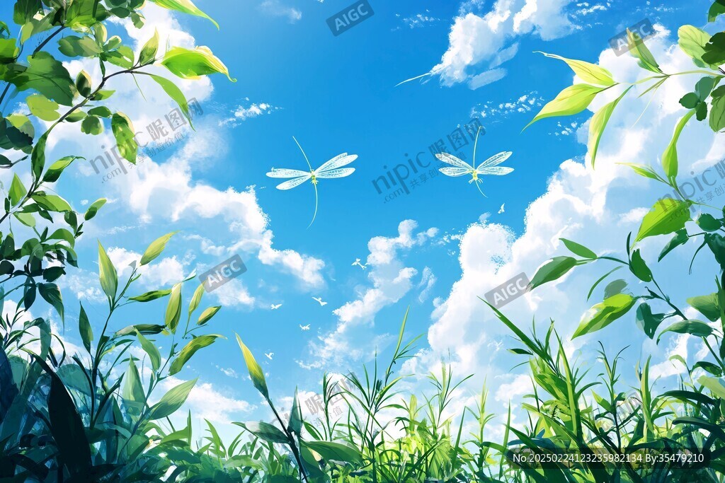 藍天白云綠葉背景