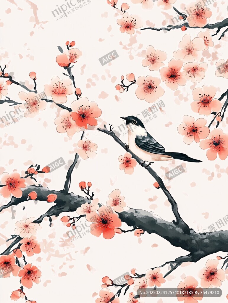 古風紅梅花鳥插畫