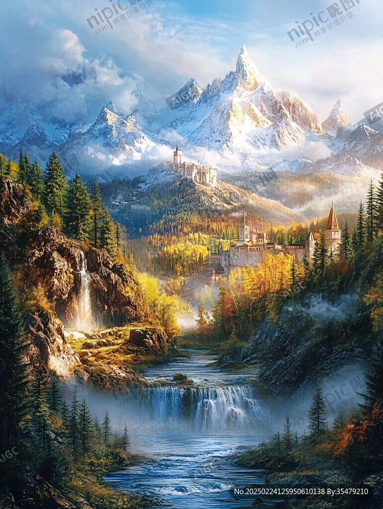 山水風景油畫瀑布