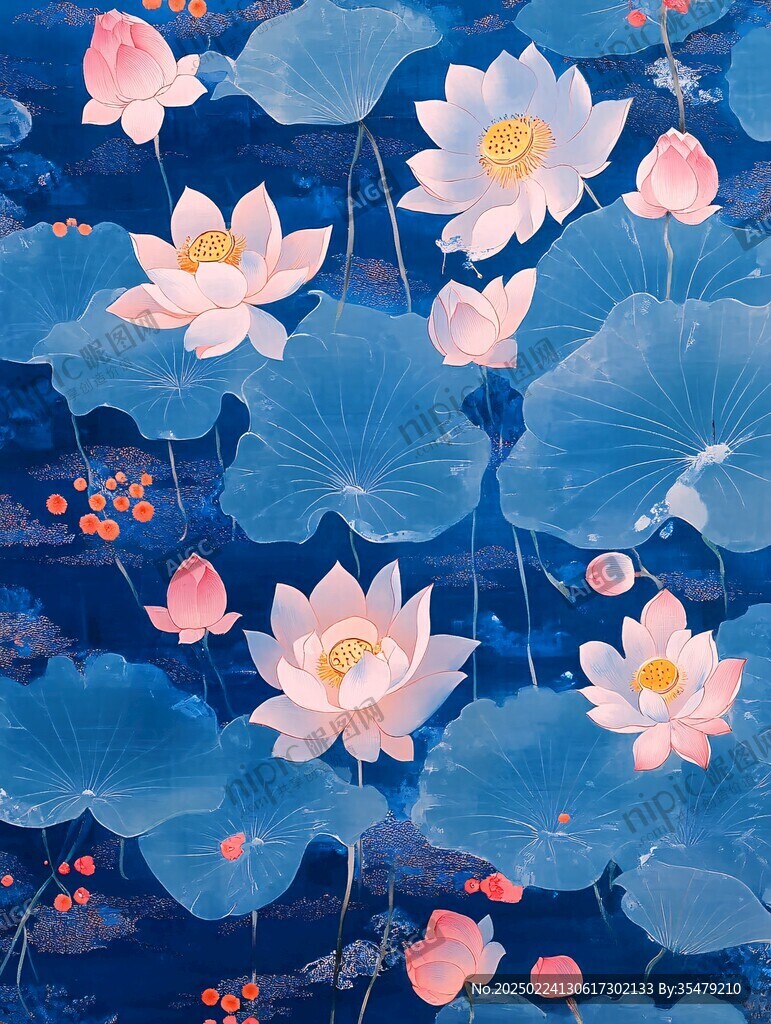 深藍(lán)背景荷花圖