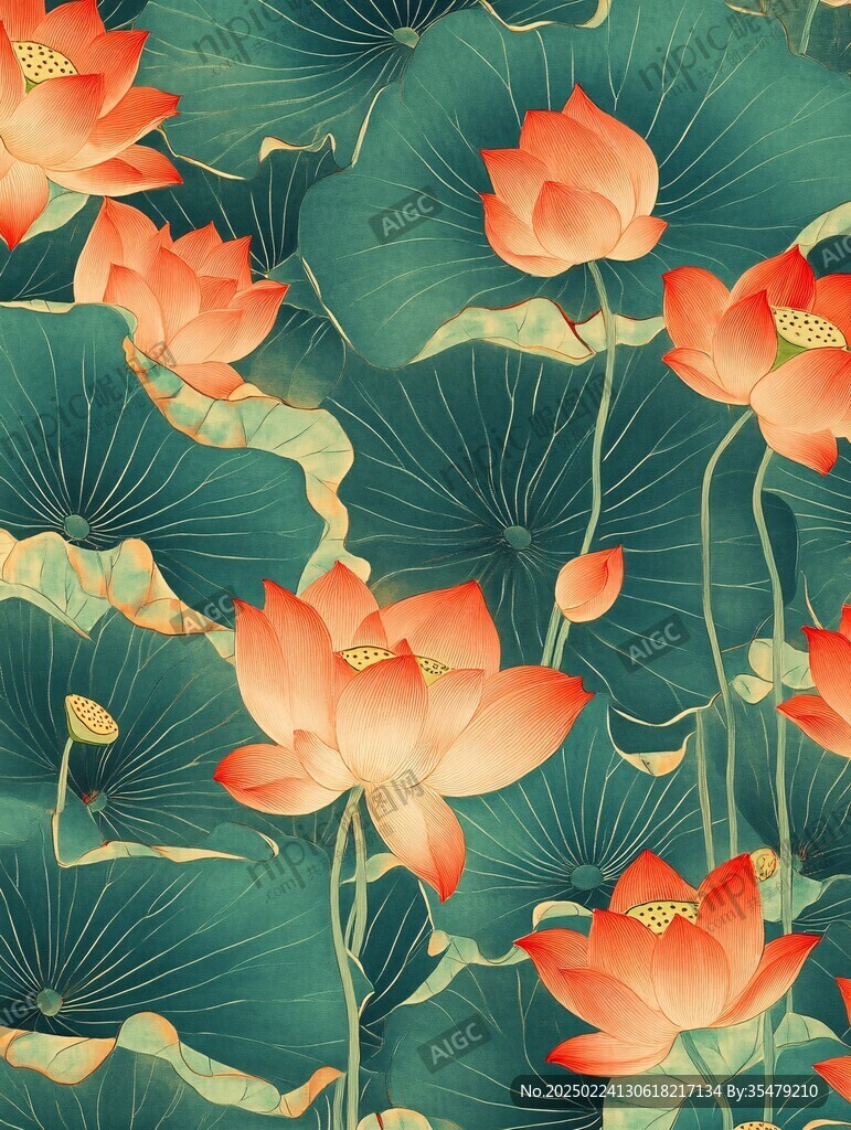 深藍背景荷花圖