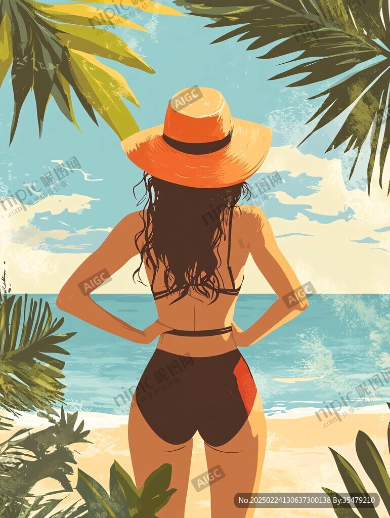 夏天看海美女背影插畫