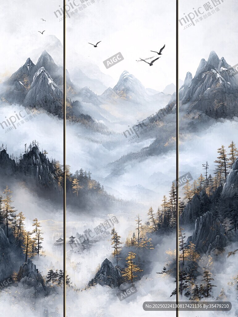 屏風(fēng)畫(huà)禪意山峰云霧