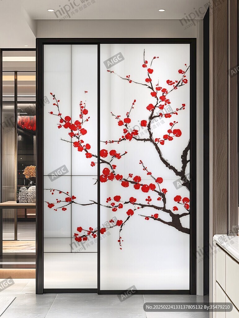 玻璃移門紅梅圖