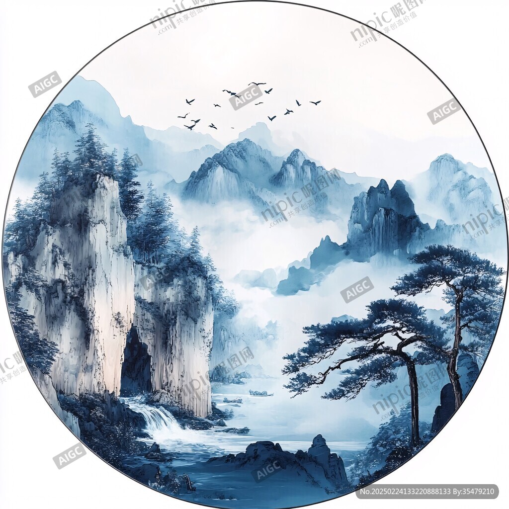 山水圓形掛畫