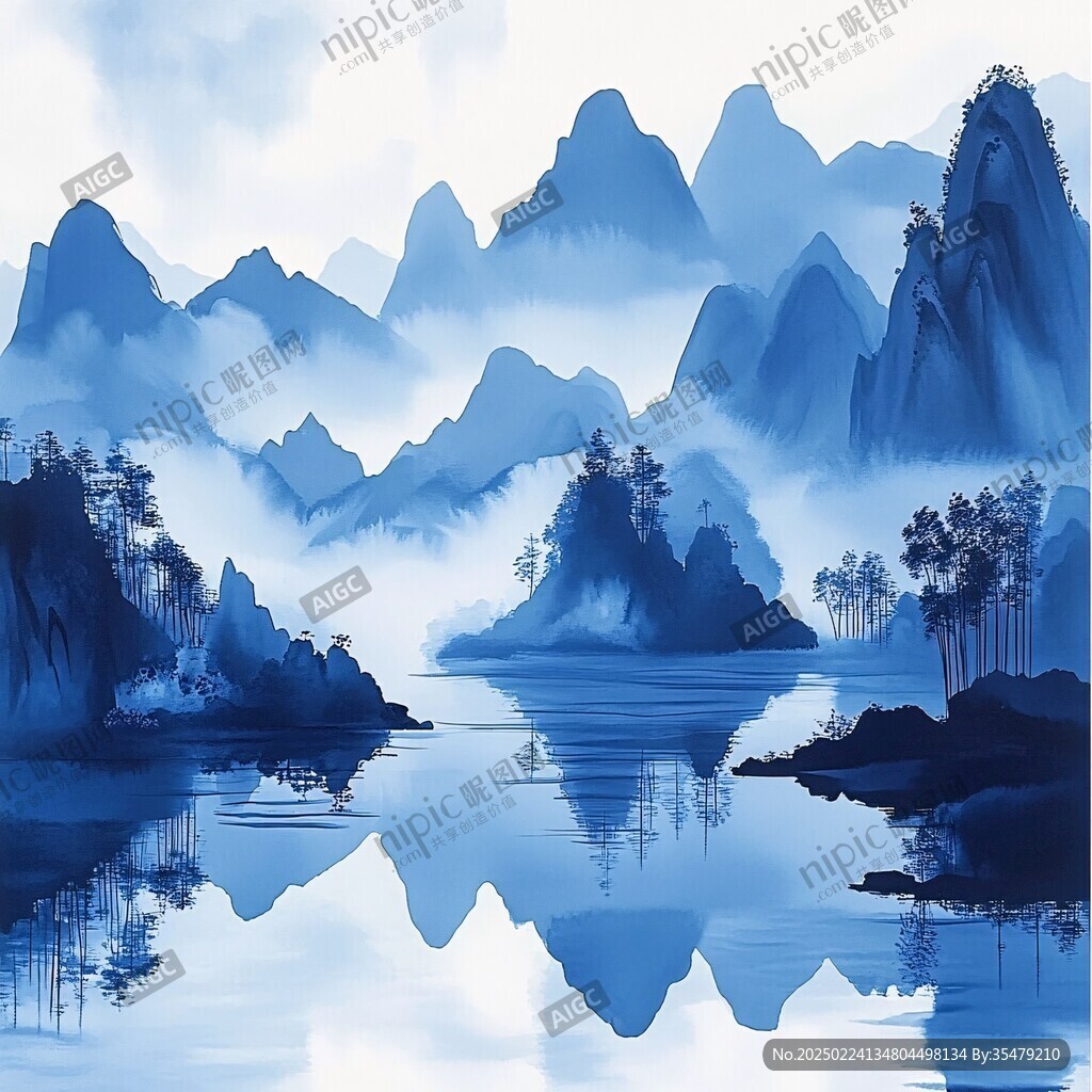 中式山湖插畫