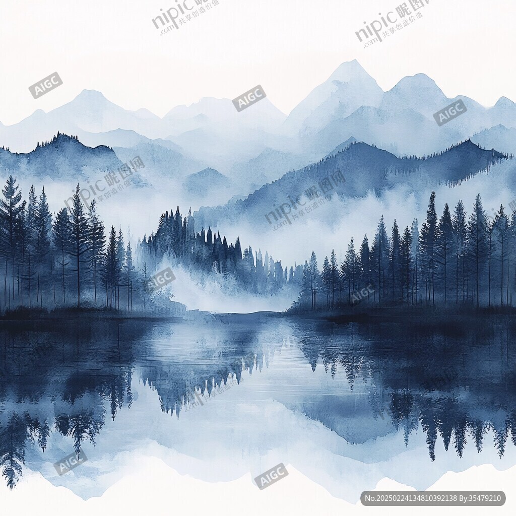 手繪唯美山水倒影