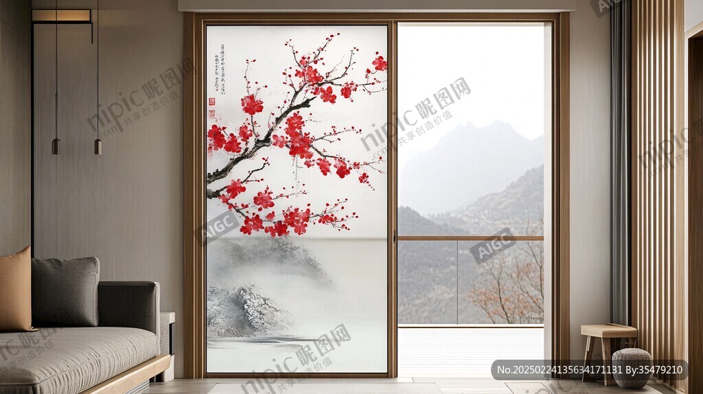 玻璃移門紅梅圖