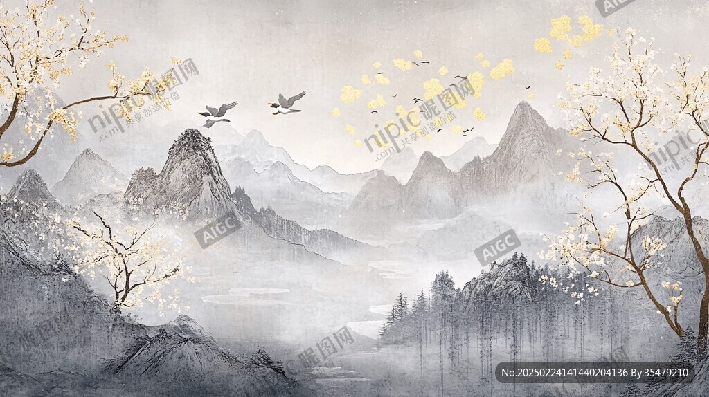 古典古風(fēng)復(fù)古金色山水