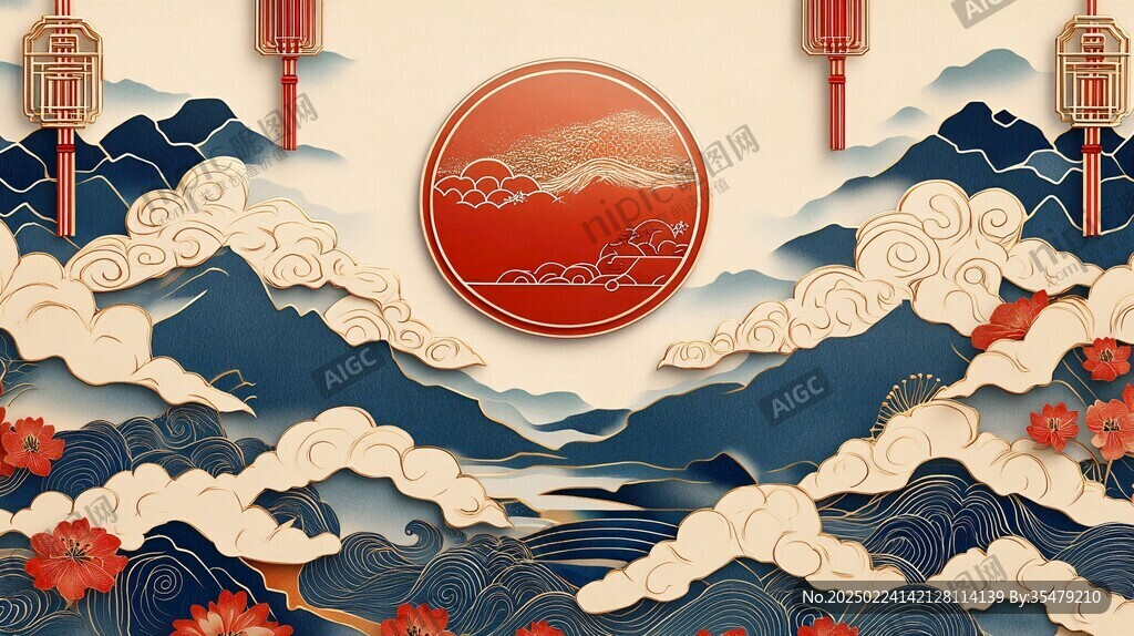 海浪仙鶴云紋中式背景