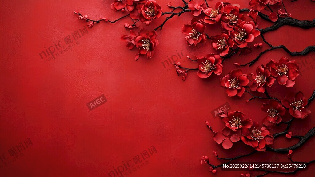 工筆手繪紅墻梅花