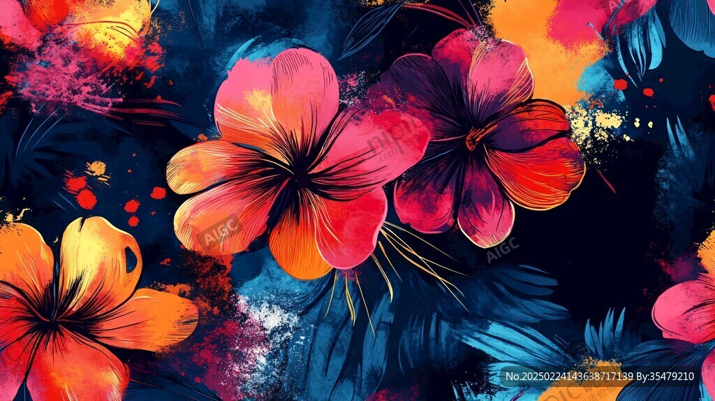 數(shù)碼印花圖案手繪花卉