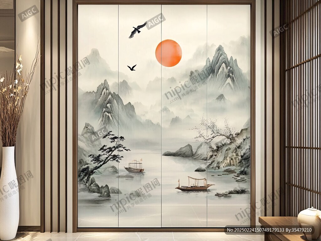 玻璃屏風山水畫