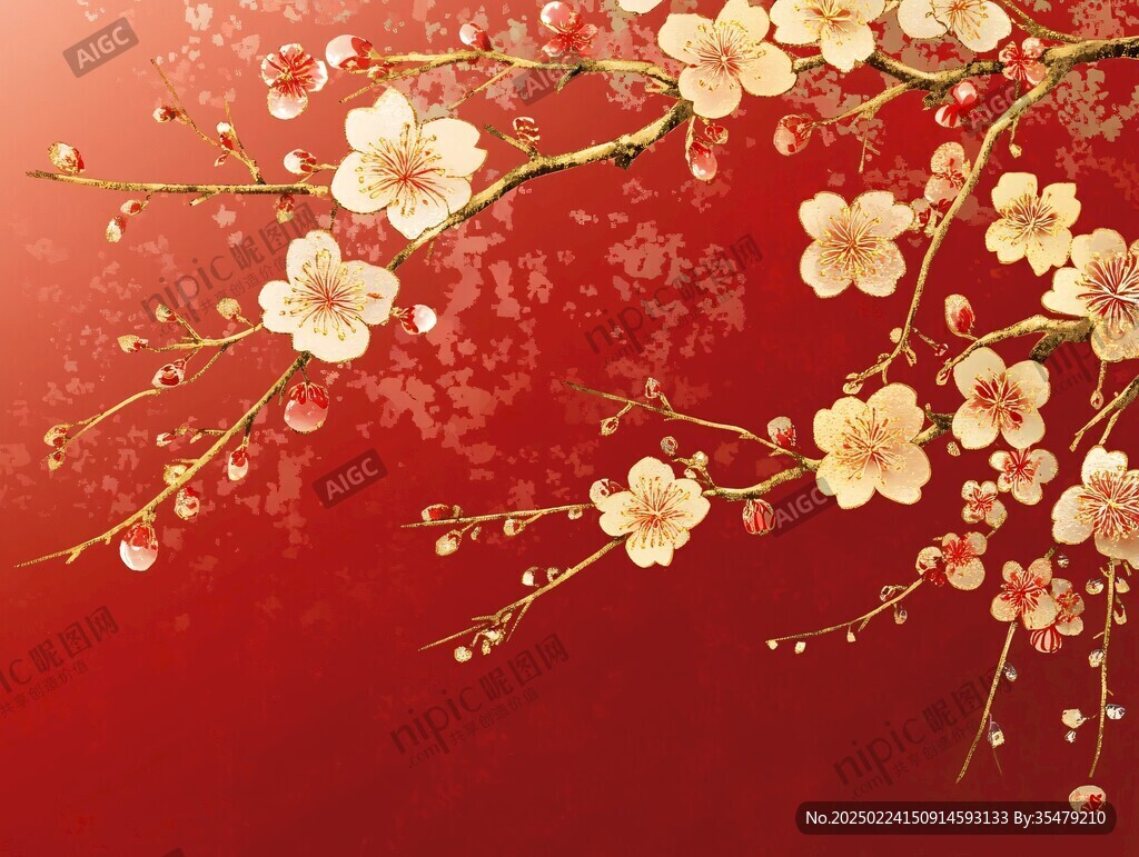 工筆手繪紅墻梅花