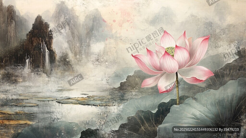 荷花油畫效果