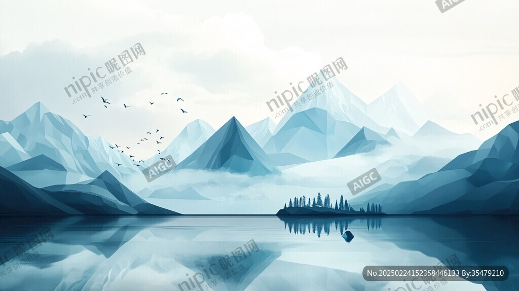 山水湖景插畫