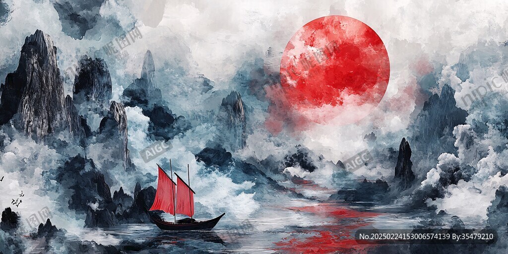 水墨山水畫帆船