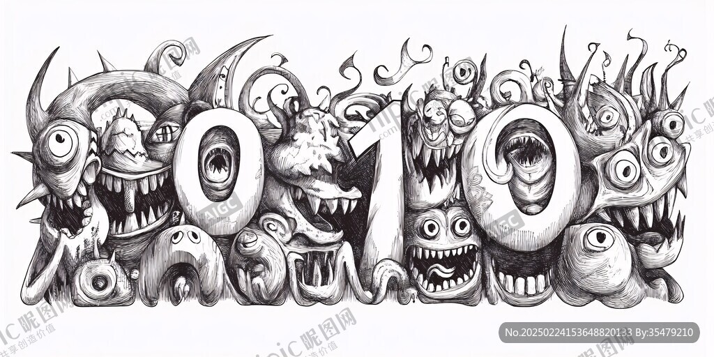 黑白涂鴉小怪獸素材