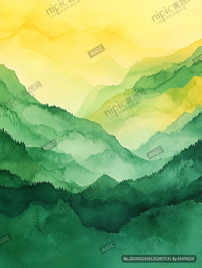 水彩畫山峰群山遠山