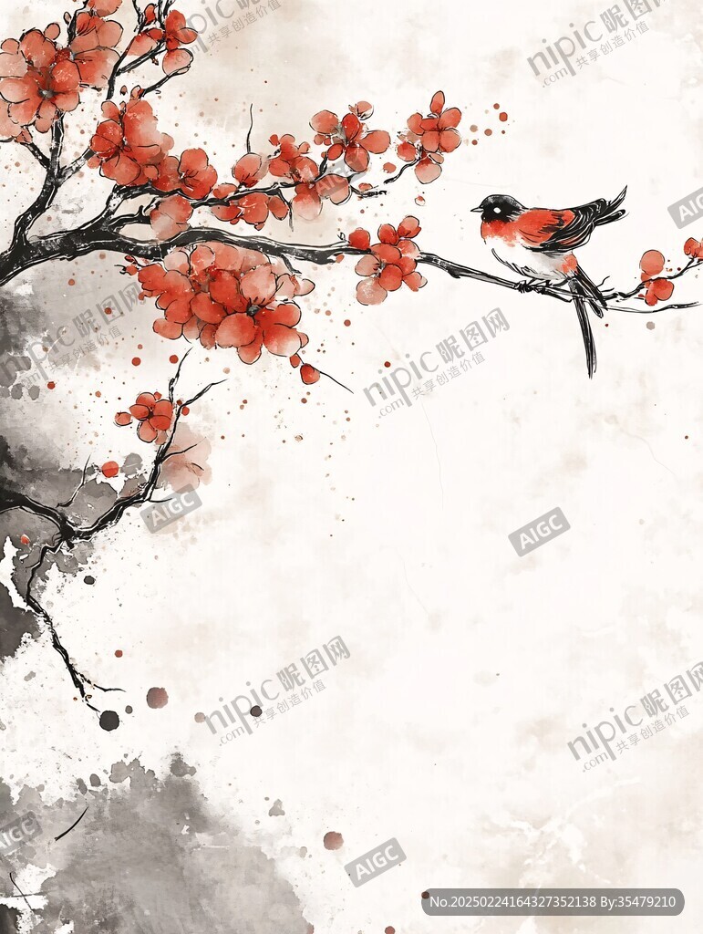 古風紅梅花鳥插畫