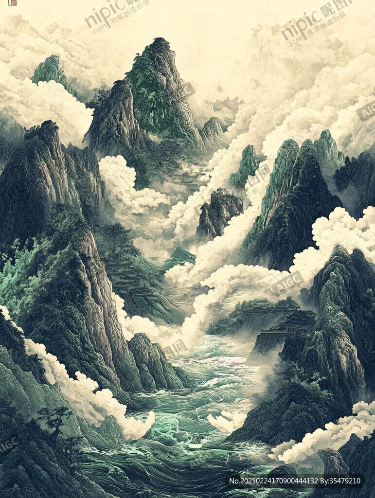 青綠重彩煙云山水手繪