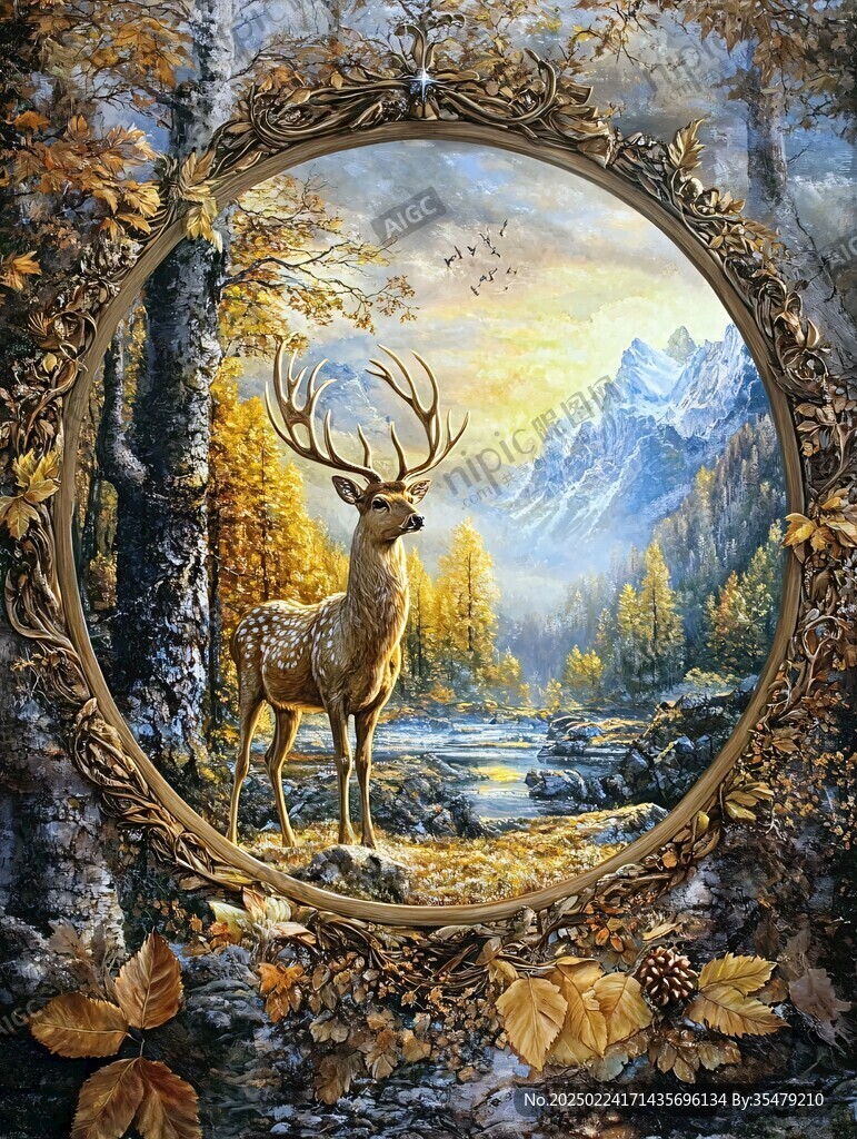 立體山水麋鹿圓框畫