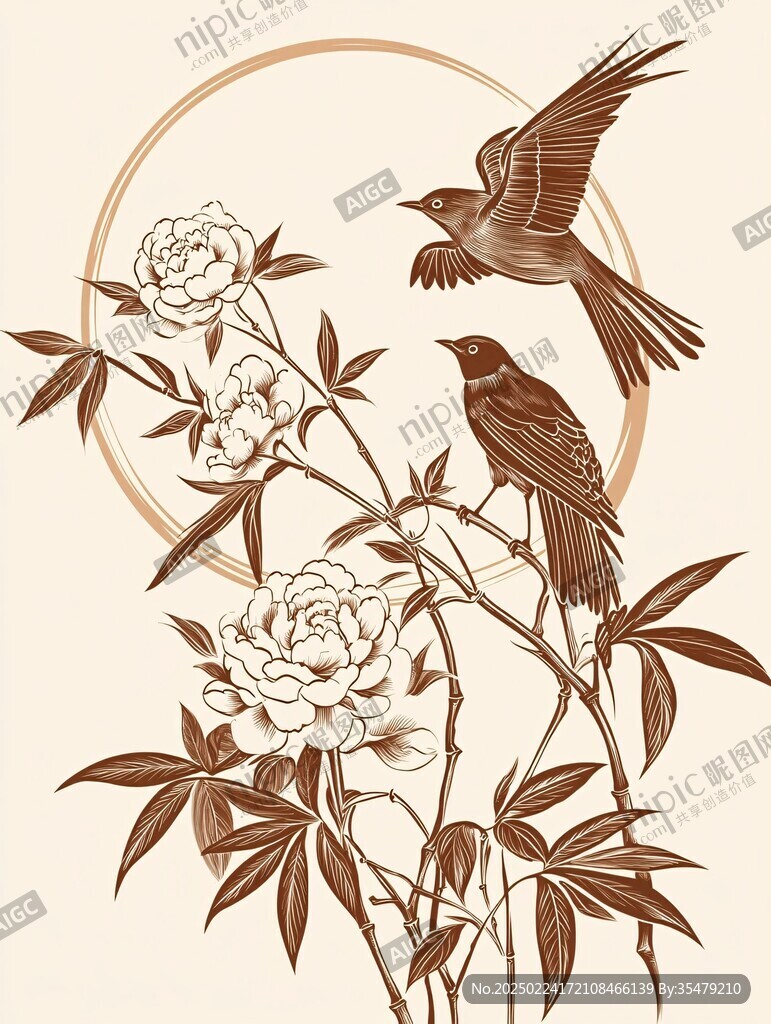 牡丹喜鵲圖插畫