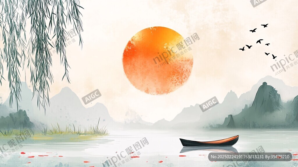 禪意蘆葦山水畫
