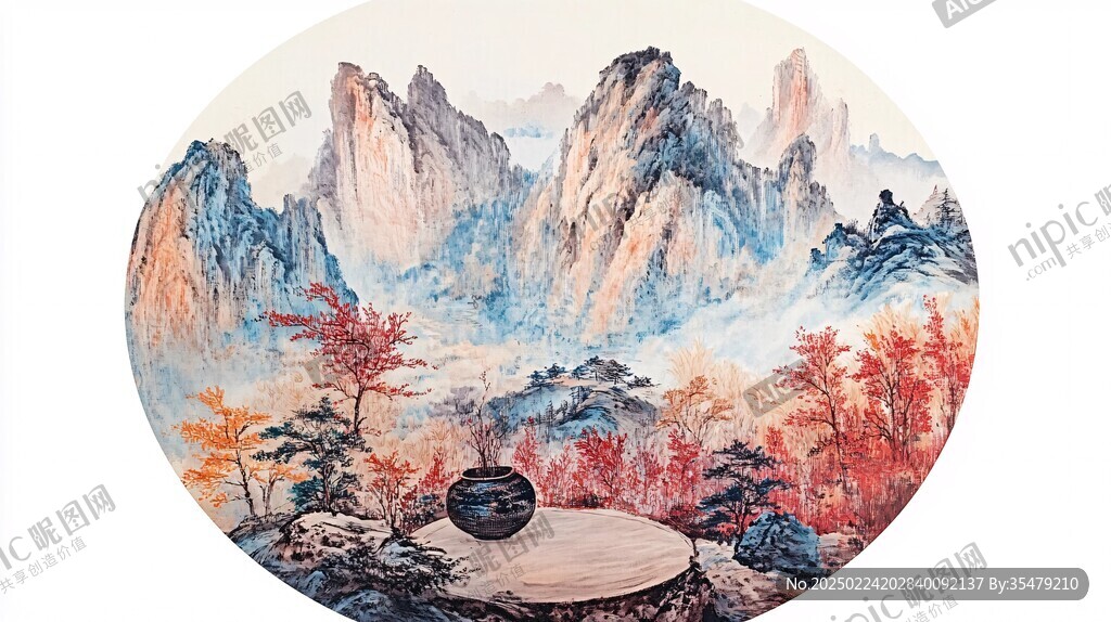 圓形水墨掛畫手繪山水