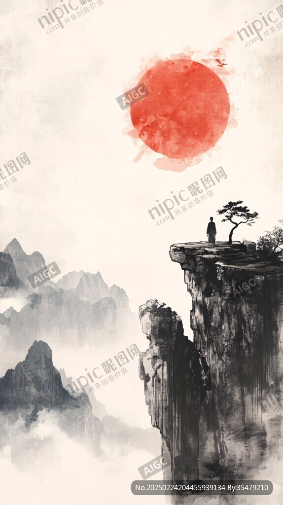 迎客松禪意水墨畫