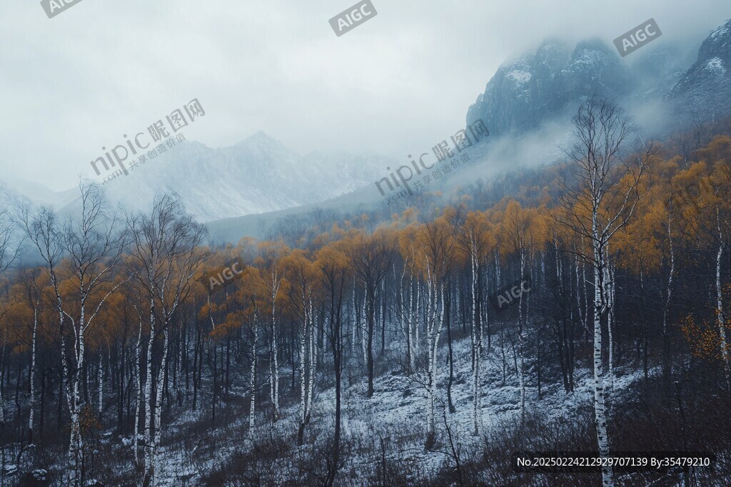 深秋色黃葉白雪山林