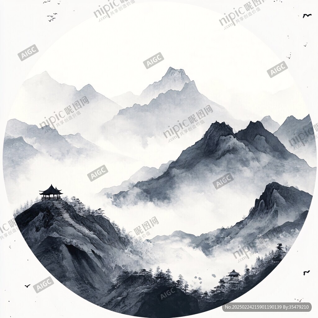 圓形山水墨畫山水