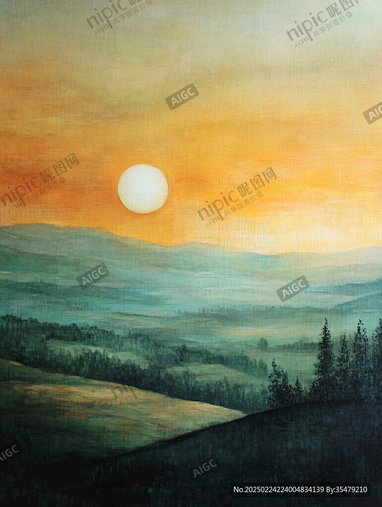 遠(yuǎn)山朝霞油畫