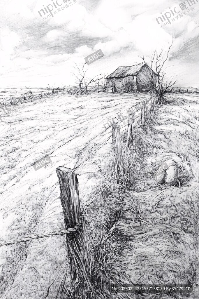 線描鄉村場景