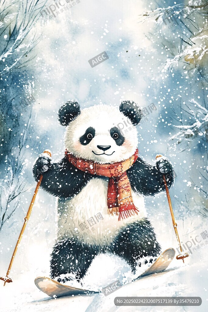 手繪滑雪的熊貓裝飾畫