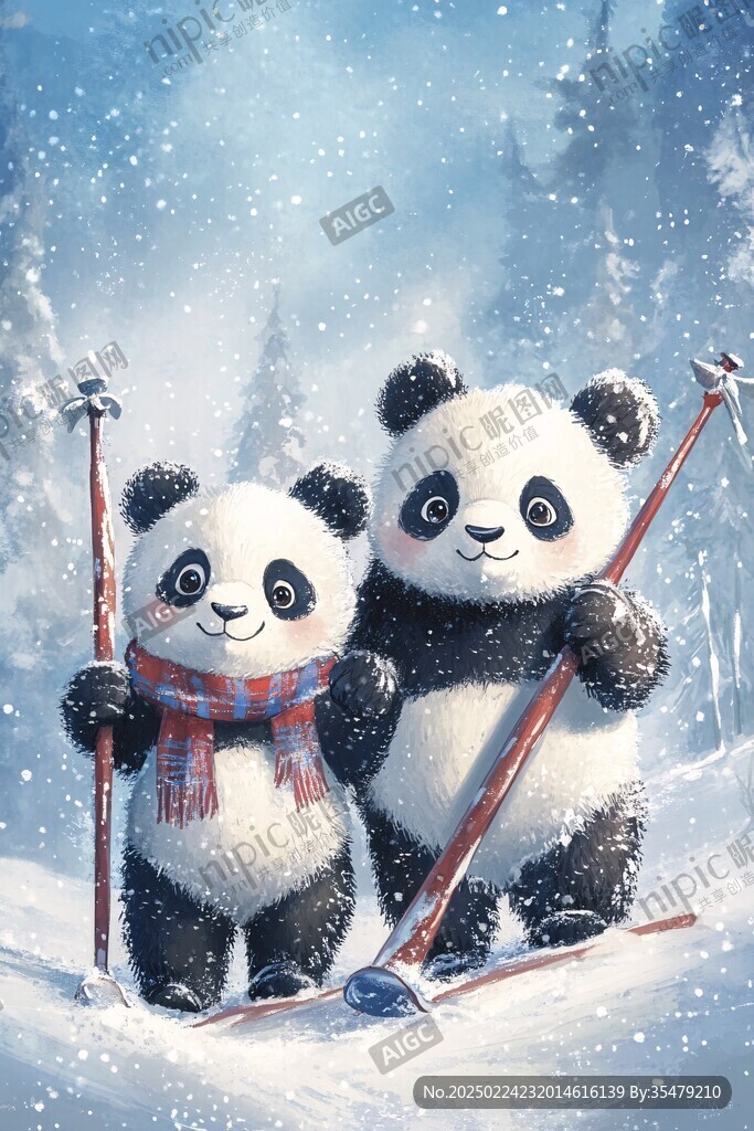手繪滑雪的熊貓裝飾畫