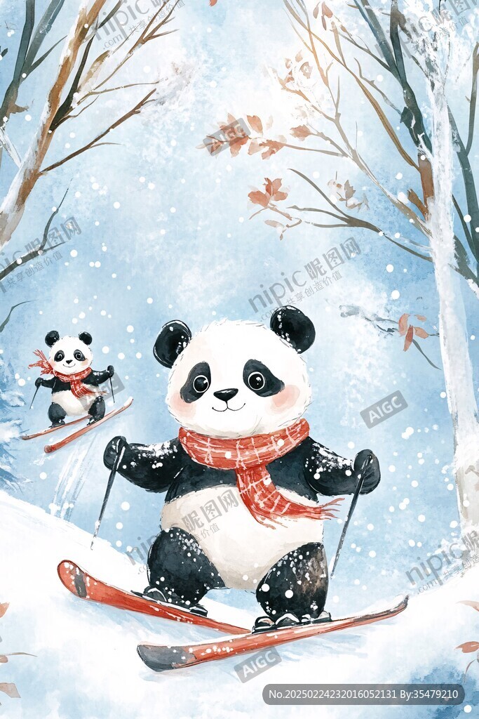 手繪滑雪的熊貓插畫