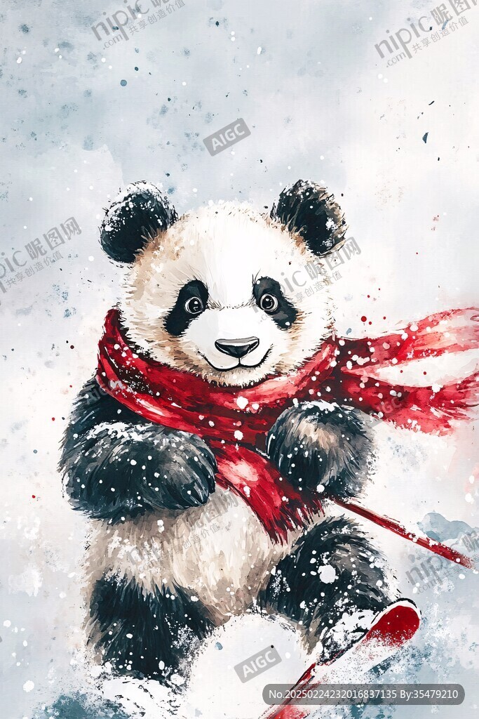 手繪滑雪的熊貓裝飾畫(huà)