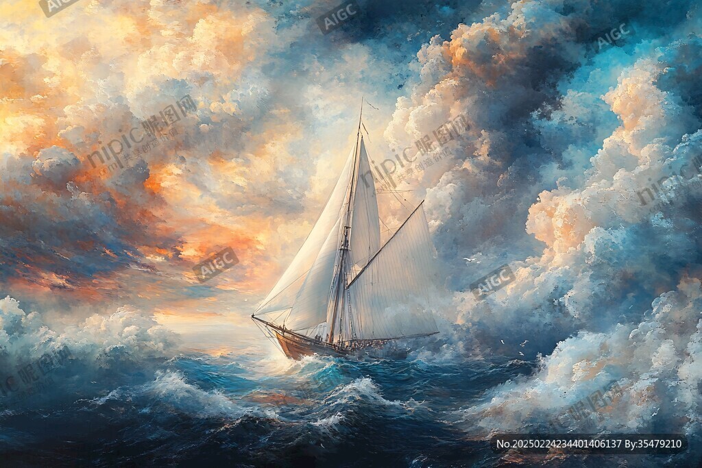 揚帆踏浪油畫