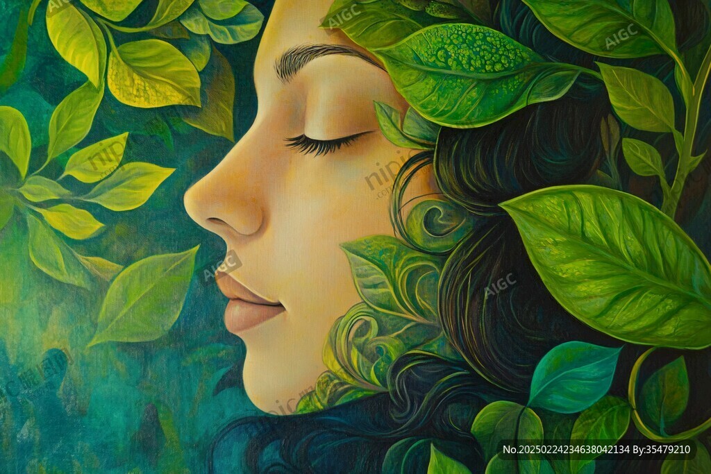 植物美女手繪裝飾畫