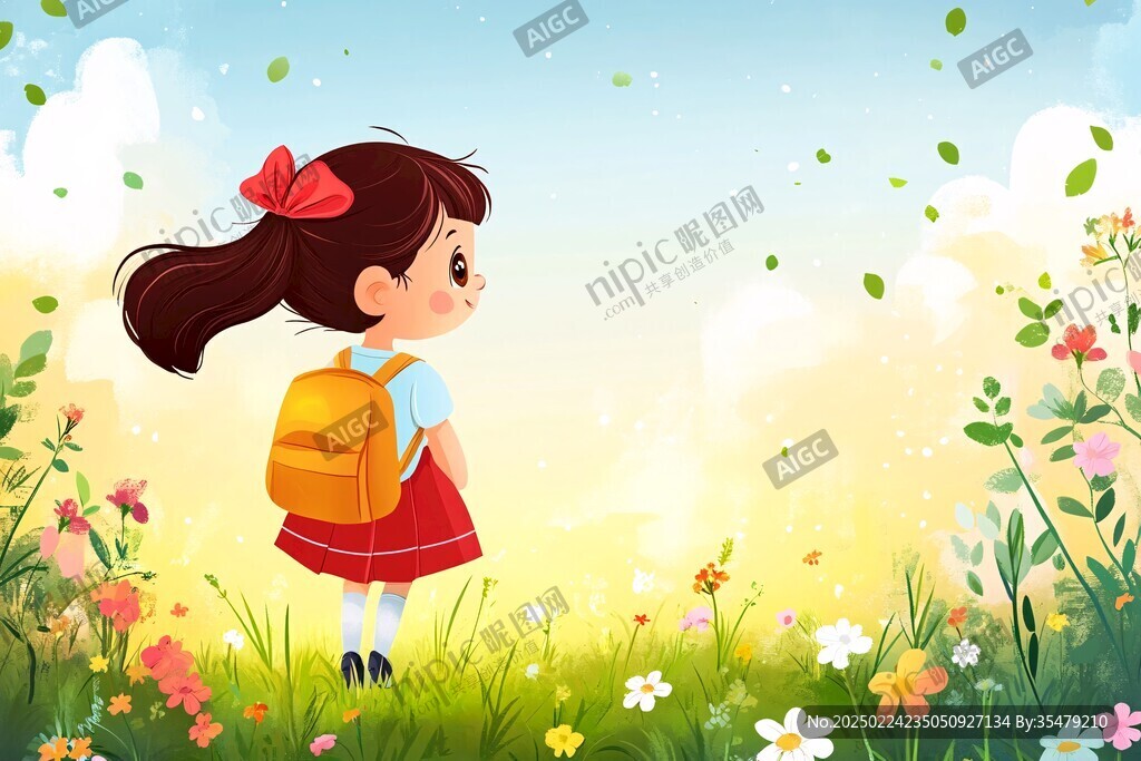 卡通小女孩場景插畫